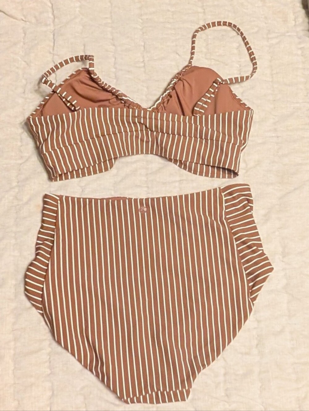 CALIA Brown & White Stripe High-Waisted Bikini Set, Sizes: Top M, Bottom S - Picture 3 of 7